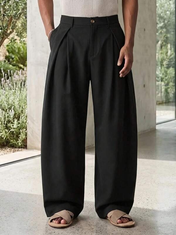 HIMLAND Plus Size Men's Solid Color Pleated Wide Leg Pants With Side Pockets