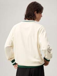 Aesthetic Post--Men's Casual Fashion Letter Flocking Loose V-Neck Sweatshirt Y2k Jersey Sweatshirt, For Tennis, For Fall, Long Sleeve Top - Apricot - View 3
