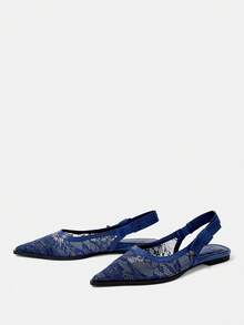 CUCCOO HITCHD 女款尖頭蕾絲後扣平底鞋，春夏透氣網布蝴蝶結低鞋口低筒鞋 - 深藍 - 查看 4
