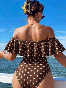 EMERY ROSE Traje de baño de una pieza para mujer con estampado aleatorio de lunares, volantes, hombros descubiertos y fruncido lateral, estilo boho para festival, primavera/verano - Multicolor - Ver 2