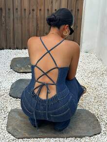 Dazy Plus Dark Wash Blue Stylish Western Denim Strapless Sleeveless Jumpsuit Spring Summer Vacation Style Casual Plus Size Women - Dark Wash - View 8