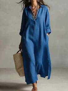SHEIN Holidaya French Linen Look Chambray Shirt Maxi Dress, Collar Roll Tab Sleeve Side Slit Loose Tunic Dress - Navy Blue - View 1