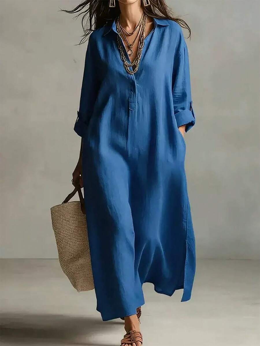 SHEIN Holidaya French Linen Look Chambray Shirt Maxi Dress, Collar Roll Tab Sleeve Side Slit Loose Tunic Dress - Navy Blue - View 1