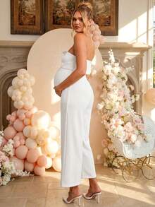 Loomaby Elegant Solid Color Knot Jumpsuit For Pregnant Women Party Dress Gender Reveal Dress Maternity Dress Baby Shower Dress - Apricot - View 5