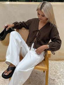 Livesso Top de mujer de algodón color marrón liso con cuello en V, mangas farol, lazo anudado, corto y holgado, estilo denim, para verano y otoño - Café integral - Ver 4