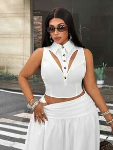 Mawevolt Summer White Design Hollow Lapel Slim Fit Sleeveless Top Pleated High Waist A-Line Long Skirt Plus Size 2 Pieces Set - White - View 2