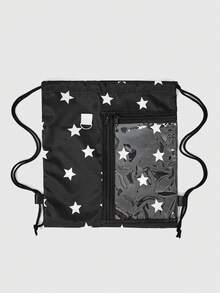 ROMWE Anime 可愛星星印花蕾絲邊透明拉鍊口袋大容量多功能白色抽繩背包，適合上學與通勤 - 黑色2 - 查看 2