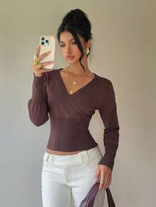 Aloruh Damen Neuer Tief V-Ausschnitt Dunkelbraun Langarm Knopf Rippstrick Pullover, geeignet für Frühling, Sommer, Herbst, Winter, Alltag, Lässig, Zuhause, Ausgehen, vielseitig, Loli Stil - Braun - Übersicht 6