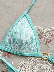 Swim Basics Conjunto de bikini con sujetador halter triangular de encaje floral y braga de lazo lateral para el verano - Azul menta - Ver 3