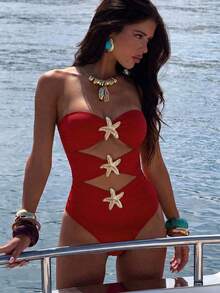 Swim Chiccia 2026春夏红色可拆卸吊带镂空金色海星设计优雅连体泳衣（女款） - 紅色 - 查看 1