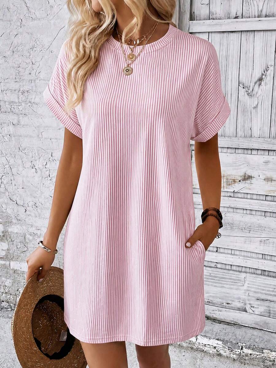 EMERY ROSE Women's Round Neck Batwing Short Sleeve Loose Casual Striped Dress - Multicolor - View 1