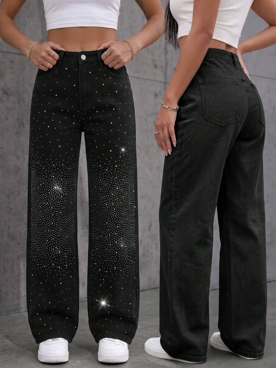 SHEIN ICON Women's Casual Washed Rhinestone Decorated Jeans Women's Fall Teacher Pants - Black - View 1