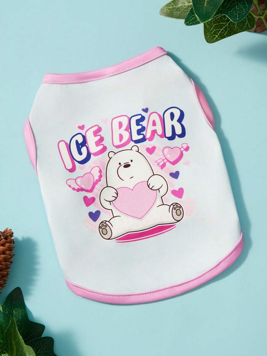 We Bare Bears X PETSIN 1件可愛白色熊抱心形箭頭熊字母印花寵物背心 粉色滾邊無袖柔軟透氣防毛寵物衣服 - 彩色 - 查看 1