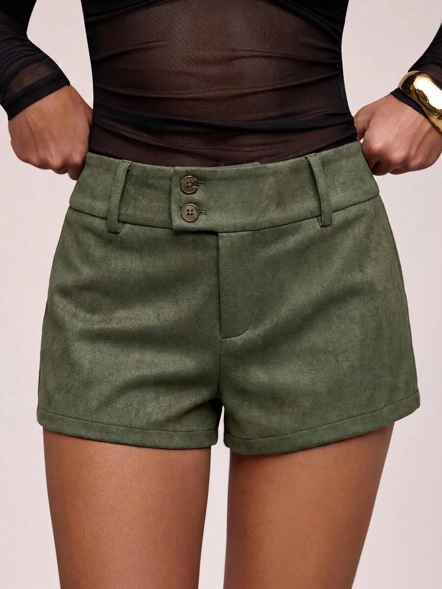 SHEIN BAE Women's Fitted Casual Commute Shorts, Suitable For Daily Outings, Office, And Formal Social Occasions - Army Green - View 1
