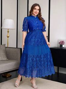 Reflora Vestido Elegante de Talla Grande con Botones de Perlas Falsas y Encaje Celestial Azul Real para Boda, Fiesta, Cóctel, Verano - Azul - Ver 9