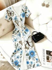 SHEIN Franclia 法式花卉印花短袖單排扣優雅洋裝，適合通勤與約會 - 彩色 - 查看 1