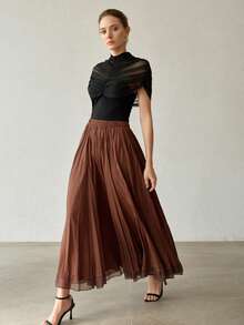 MOTF PREMIUM MINIMALIST CONTRAST MESH SHEER PLEATED T-SHIRT - Black - View 6