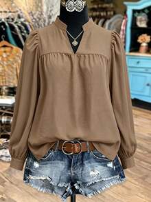 Linhara CURVE Women's Spring/Summer Stand Collar Puff Sleeve Elegant Long Sleeve Blouse Top, Suitable For Dating / Commuting / Afternoon Tea With Friends Fall - Coffee Brown - View 3