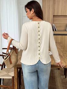 Weeklong Plus Size Casual Applique Decor Long Sleeve Shirt Fall - Apricot - View 3