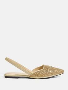 CUCCOO TILAWA Women Rhinestone Decor Pointed Toe Slingback Flat Sandals, Elegant Golden Glitter Back Strap Mule Pumps, Wedding Party Dress Slip On Shoes - Gold - View 2