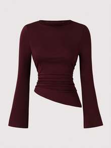 Teen Girl Solid Color Bell Sleeve Asymmetric Hem Ruched T-Shirt - Burgundy - View 5