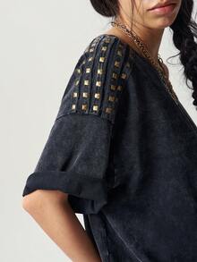 Bohemela Summer/Fall, Casual Black Knit Loose Washed Women's Tee With Studded Detail, Daily Wear, Concert Party & Going Out, Back To School - Black - View 2