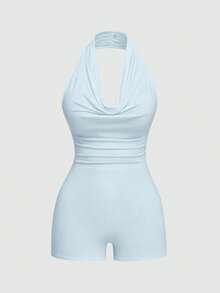 Sweetra Plus Size Women Black Knit Fitted Elastic Jumpsuit Short Romper With Multiple Wear Styles, Elegant Cowl Neck, Gentle Off-Shoulder, Commuter Asymmetric Shoulder, Sleeveless, Waist-Cinching, Soft Comfortable Inclusive Fit - Baby Blue - View 7