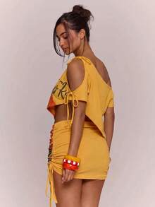 MUSERA Asymetric Graphic Printed Draped Cinched Waist Mini Dress Spring Summer Vacation Holiday Ibiza Boho Elegant Casual Carnival Festival - Orange - View 2