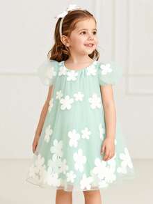 SHEIN Glamorique Kids 女嬰公主洋裝，3D花朵，泡泡袖，綠色薄紗洋裝，生日派對，婚禮節日禮服，舞會洋裝，畢業洋裝，夏季洋裝 - 綠色 - 查看 2