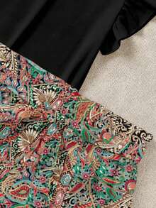 EMERY ROSE Conjunto de 2 piezas con top de volantes de unicolor elegante y shorts estampados - Multicolor - Ver 4