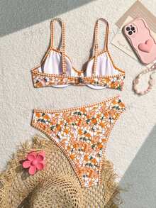 SHEIN Swim 女士夏季海滩花卉印花性感比基尼套装（带衬垫）带随机印花，两件套比基尼套装，可爱泳衣 - 彩色 - 查看 2