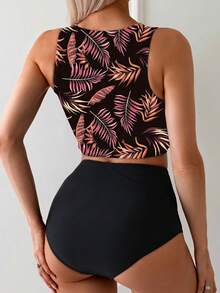 Swim Lushoire 女款葉子印花坦克比基尼上衣與三角比基尼褲兩件式泳衣套裝，適合夏季度假與海灘 - 酒紅色 - 查看 2