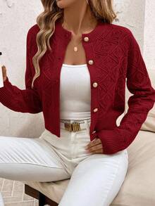 SHEIN Clasi Cárdigan de punto calado con hombros caídos talla grande - Rojo - Ver 1