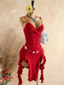 Soleia Women's Solid Color Twisted Knot Ruffle Hem Fashion Date Party Midi Spaghetti Strap Dress - Red - View 10