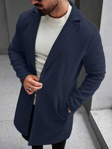 Manfinity Mode Men's Solid Color Pocket & Button Front Long Sleeve Overcoat, Autumn Fall Clothes, Winter - Navy Blue - View 4