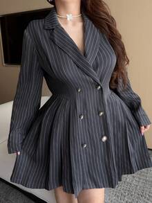 Vibekara Plus Size Women's Striped Pleated Casual Daily Wear Dress Fall - Dark Grey - View 1