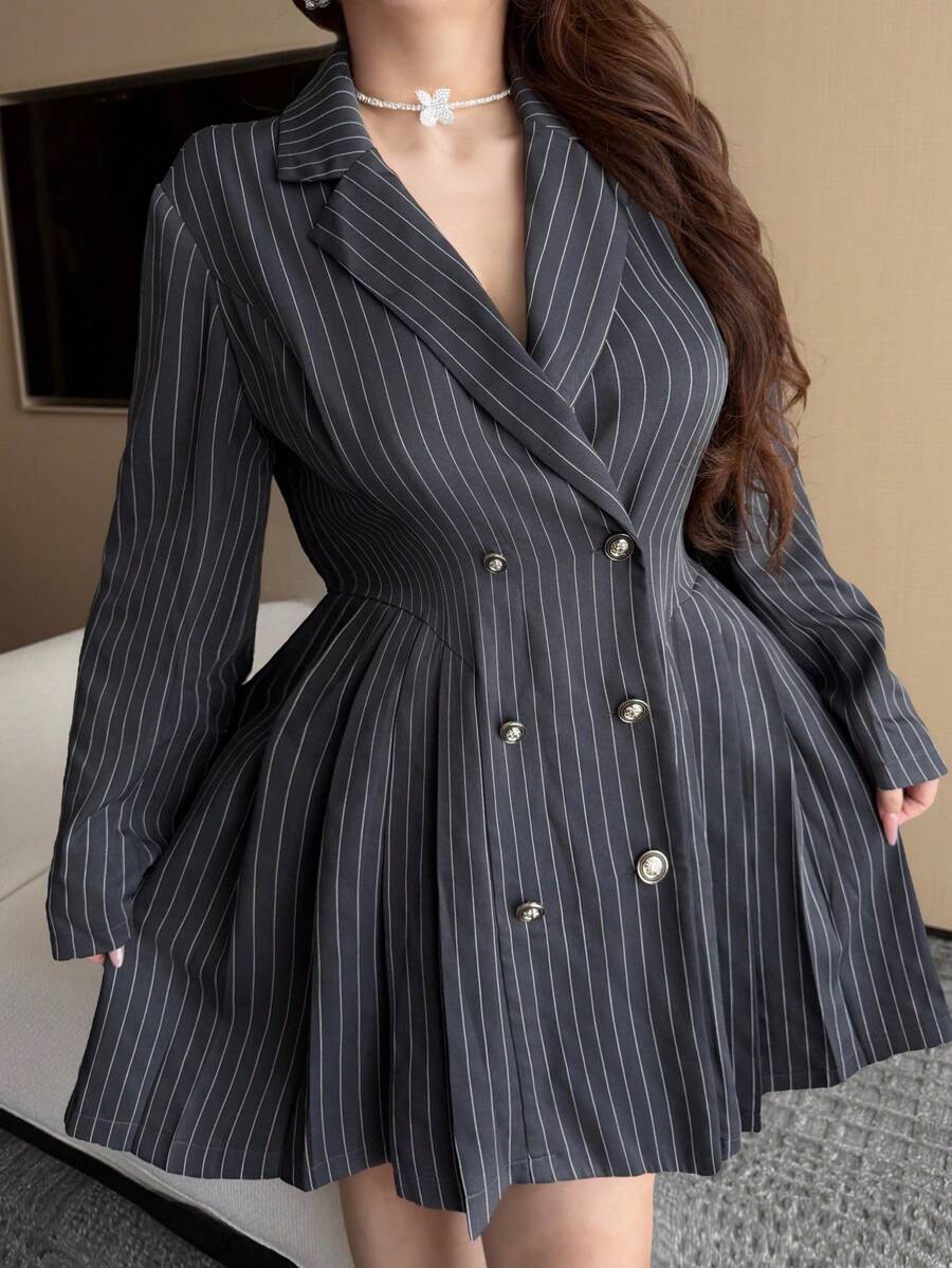 Vibekara Plus Size Women's Striped Pleated Casual Daily Wear Dress Fall - Dark Grey - View 1