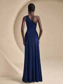 Coutiva Rhinestone Decor Elegant One Shoulder High Slit Bridesmaid Dress - Royal Blue - View 2