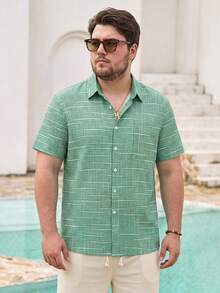 Mercer Haus Vintage Geometric Texture Digital Print Men's Plus Size Loose Fit Lightweight Polyester Button Pocket Short Sleeve Shirt - Green - View 1