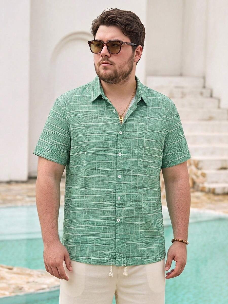 Mercer Haus Vintage Geometric Texture Digital Print Men's Plus Size Loose Fit Lightweight Polyester Button Pocket Short Sleeve Shirt - Green - View 1
