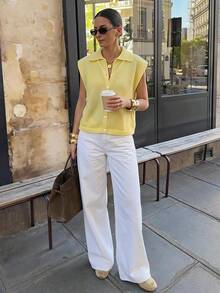 Siren Gaze Chaleco de punto ligero estilo francés, corte holgado, amarillo pálido, suave, con cuello, botones delanteros, versátil, casual, minimalista, ropa de trabajo, uso diario, otoño - Amarillo - Ver 1