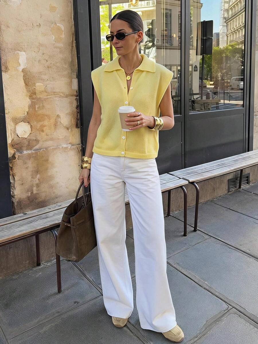 Siren Gaze Chaleco de punto ligero estilo francés, corte holgado, amarillo pálido, suave, con cuello, botones delanteros, versátil, casual, minimalista, ropa de trabajo, uso diario, otoño - Amarillo - Ver 1
