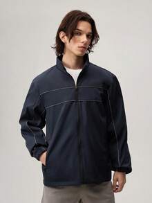 Men's Navy Blue Woven Fabric Long Sleeve Regular Length Jacket With Striped Detail - Navy Blue - View 5