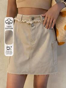 DAZY Summer Autumn Cotton High Waist Solid Color Washed Casual A-Line Slim Fit Contrast Stitching Khaki Women's Denim Skirt - Khaki - View 1
