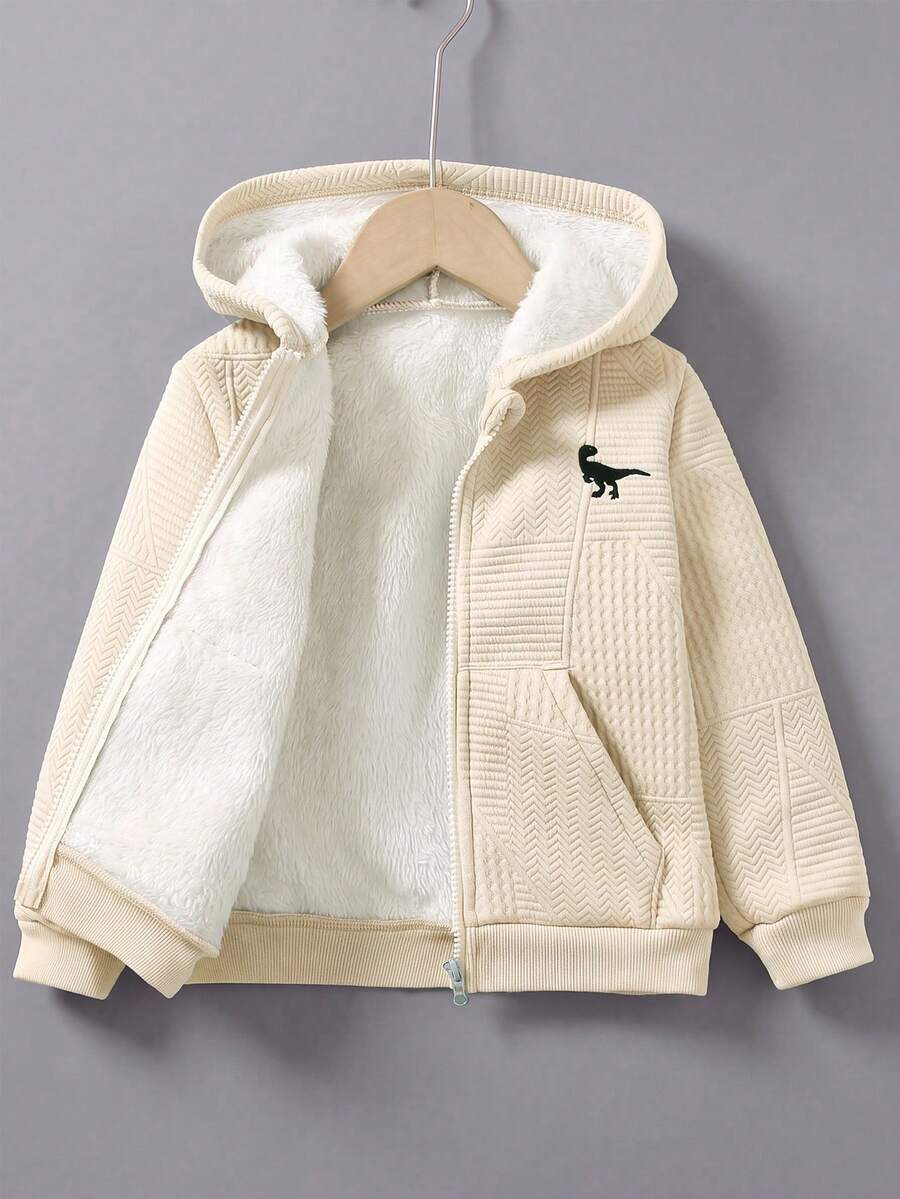 SHEIN Explorewe 男童休閒幾何圖案布料恐龍刺繡連帽拉鍊長袖衛衣,保暖內裡,舒適簡約,秋冬款 - 杏色 - 查看 1