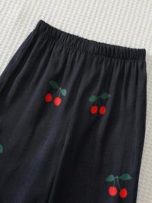 Cozy Pixies 女嬰紅色3D櫻桃上衣與牛仔風寬腿褲兩件套，長袖套頭運動衫配鬆緊腰寬腿褲，適合假日派對、休閒外出等多種場合 - 彩色 - 查看 6