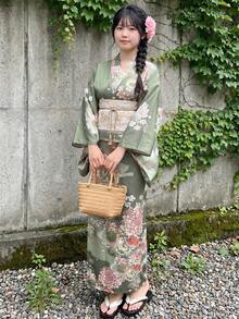 Irokai 日式優雅復古花卉印花浴衣 - 綠色 - 查看 2