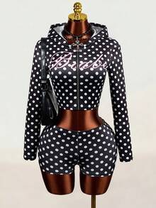 Mistrie Polka Dot Print Cropped Hoodie & Shorts 2 Pieces Set - Multicolor - View 1
