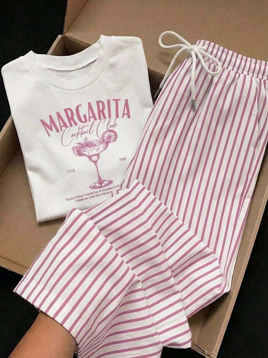 Comfortcana 2件組刺繡圓領短袖上衣與條紋印花長褲,休閒風 - 粉色 - 查看 1