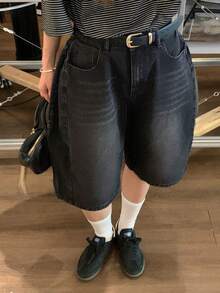 DAZY 女款休閒百搭牛仔短褲，附口袋與鈕扣，適合日常穿著 - 黑色 - 查看 6